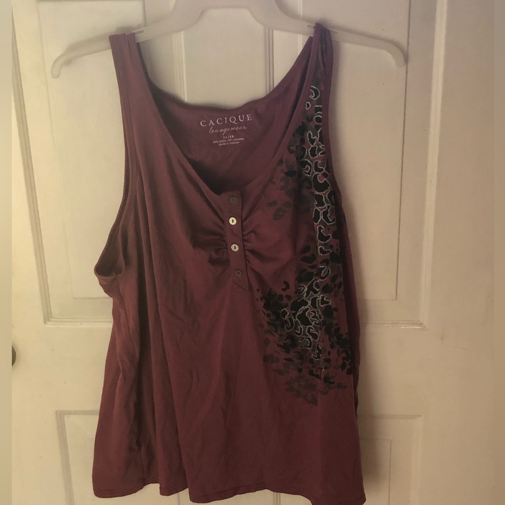 Cacique Loungewear Dark Deep Pink Tank Top with black leopard print